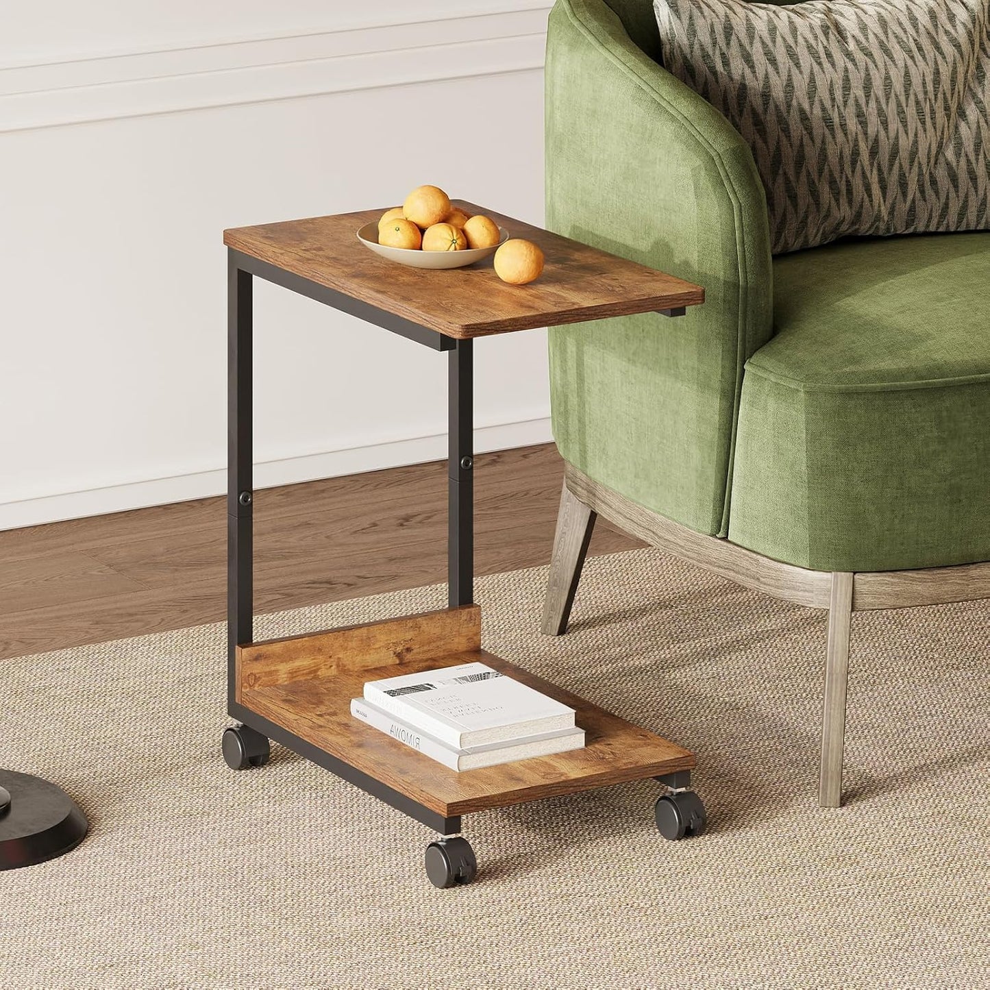 Side Table,C Table with 2-Tier Storage Shelf, End Table TV Tray with Metal Frame, Sofa Table with Wheels for Living Room, Bedroom, Office, Bathroom, Easy Assembly, Brown