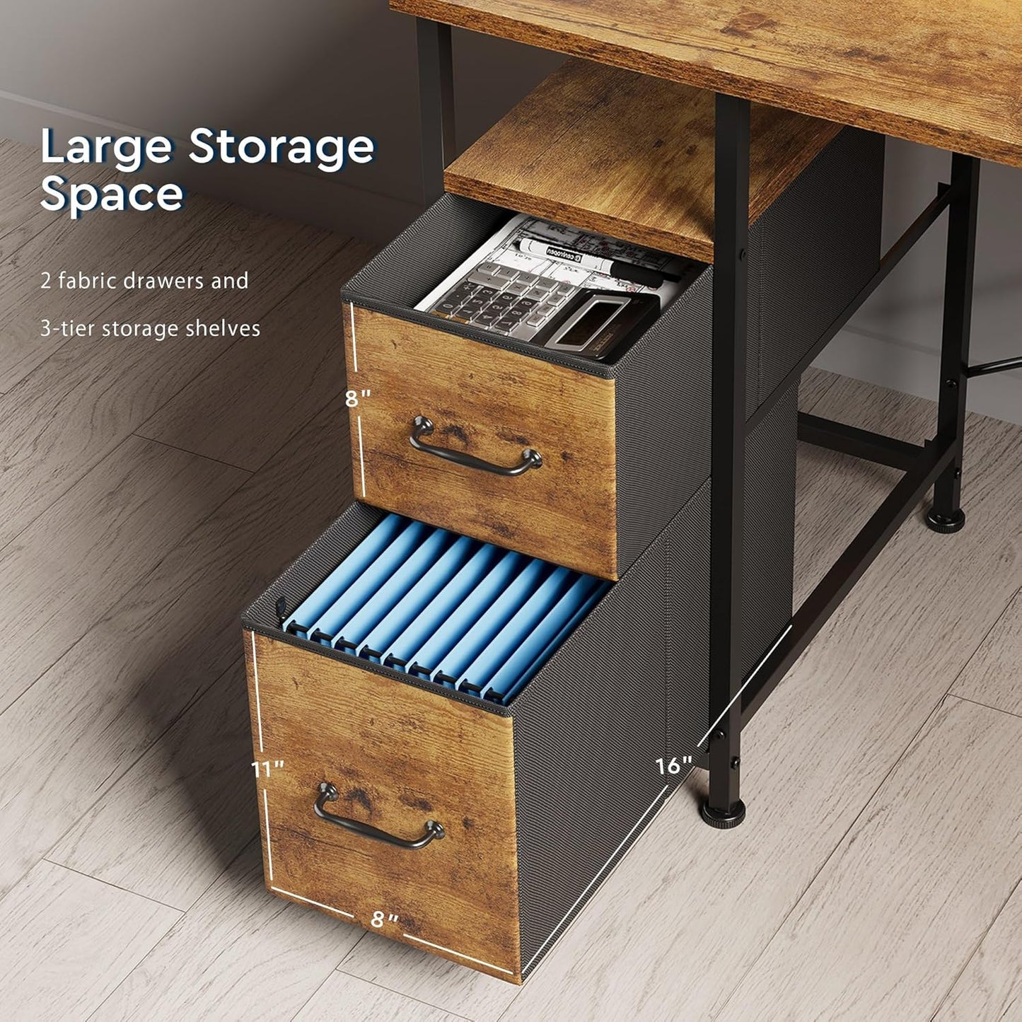 L Shaped Desk with Shelves,Reversible Computer Desk with LED Lights and Charging Station,Home Office Corner Desk with Monitor Stand,Brown2