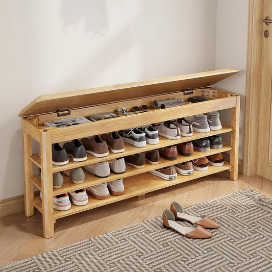 Shoe Rack Bench Seat Rubberwood 3-Tier Wooden Storage Bench 550lbs Compact Mid-Century Modern Design for Entryway, Hallway, Closet, Front Door Entrance, Foyer