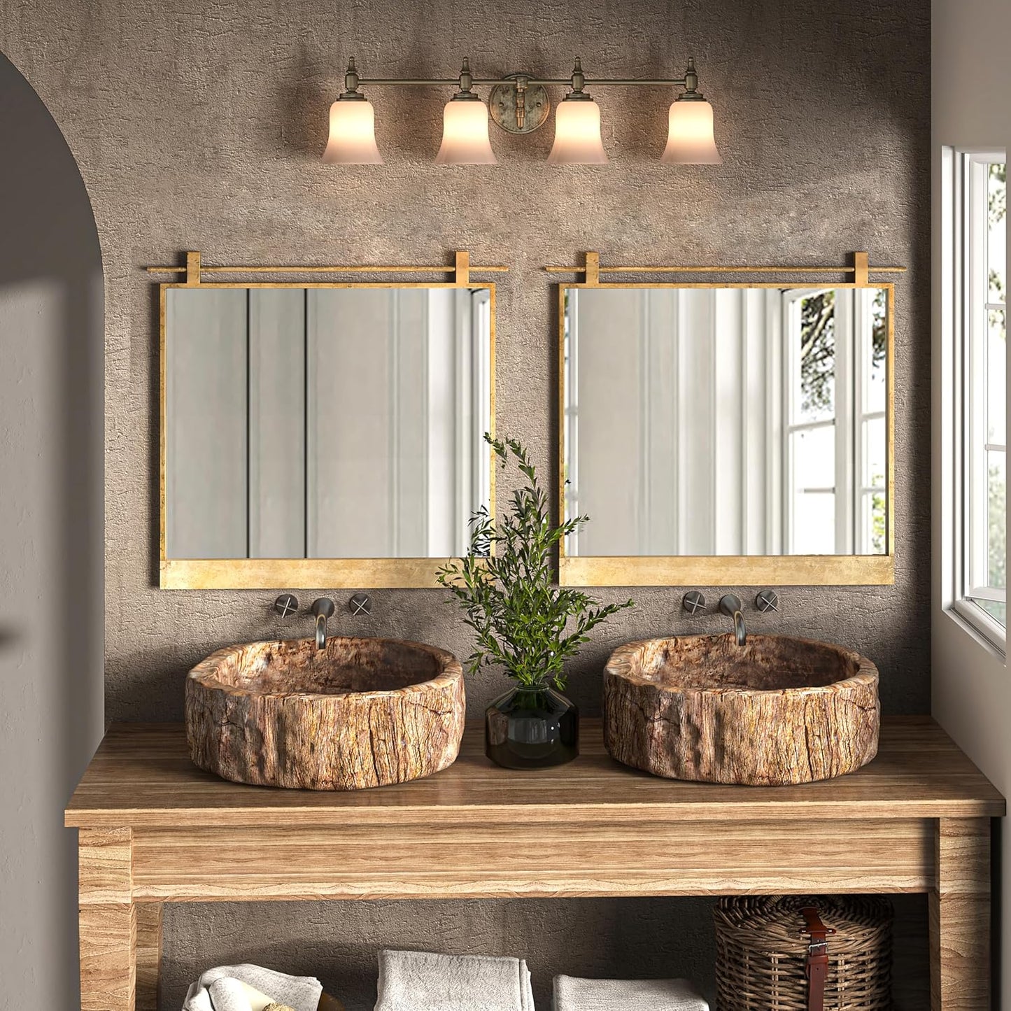 24x24 Inch Square Bathroom Vanity Mirror for Wall Mounted Over Sink Farmhouse Rustic Matte Brushed Gold Barn Door Mirrors Foyer Entryway Decor