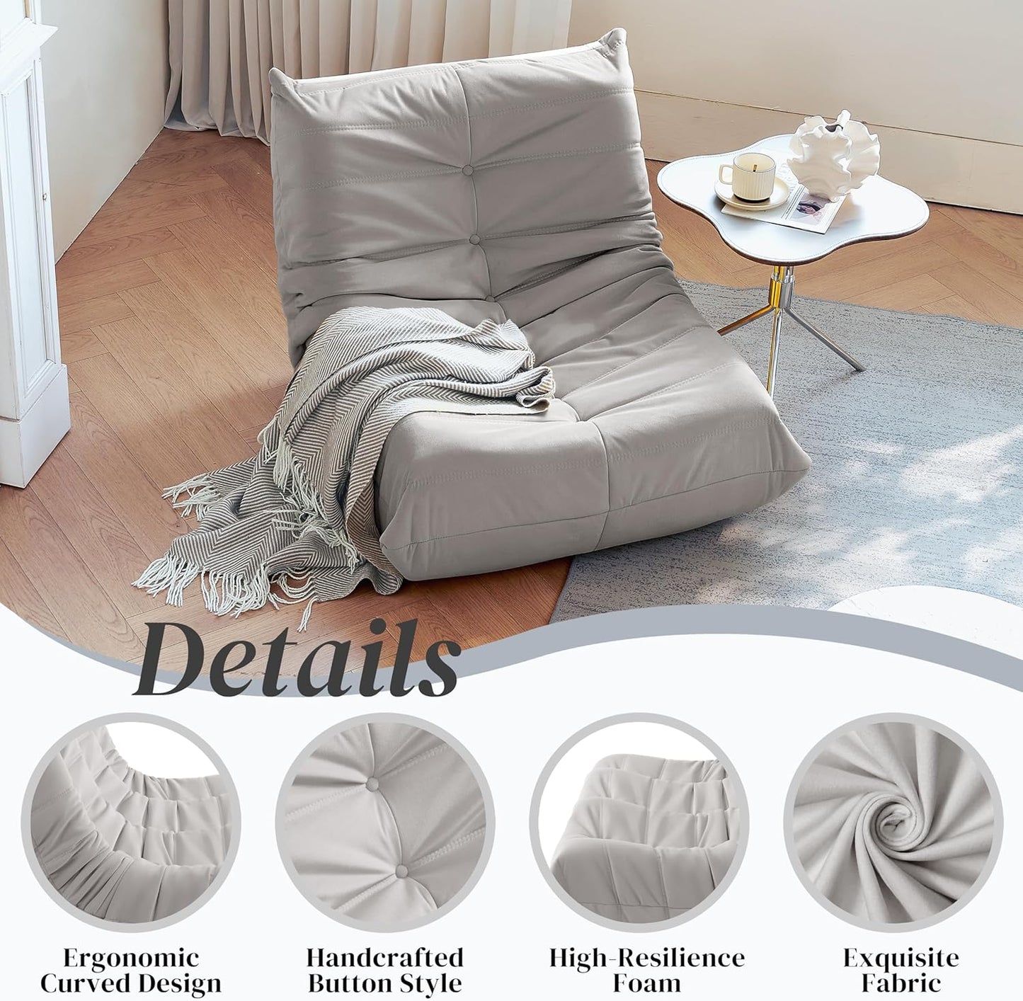 Bean Bag Chair, Fireside Chair Bean Bag Sofa for Adults, Bean Bag Chairs for Teens with High-Resilience Foam, Memory Foam & Non-Slip Base Bean Bag for Living Room, Bedroom, Office (Suede, Light Gray)