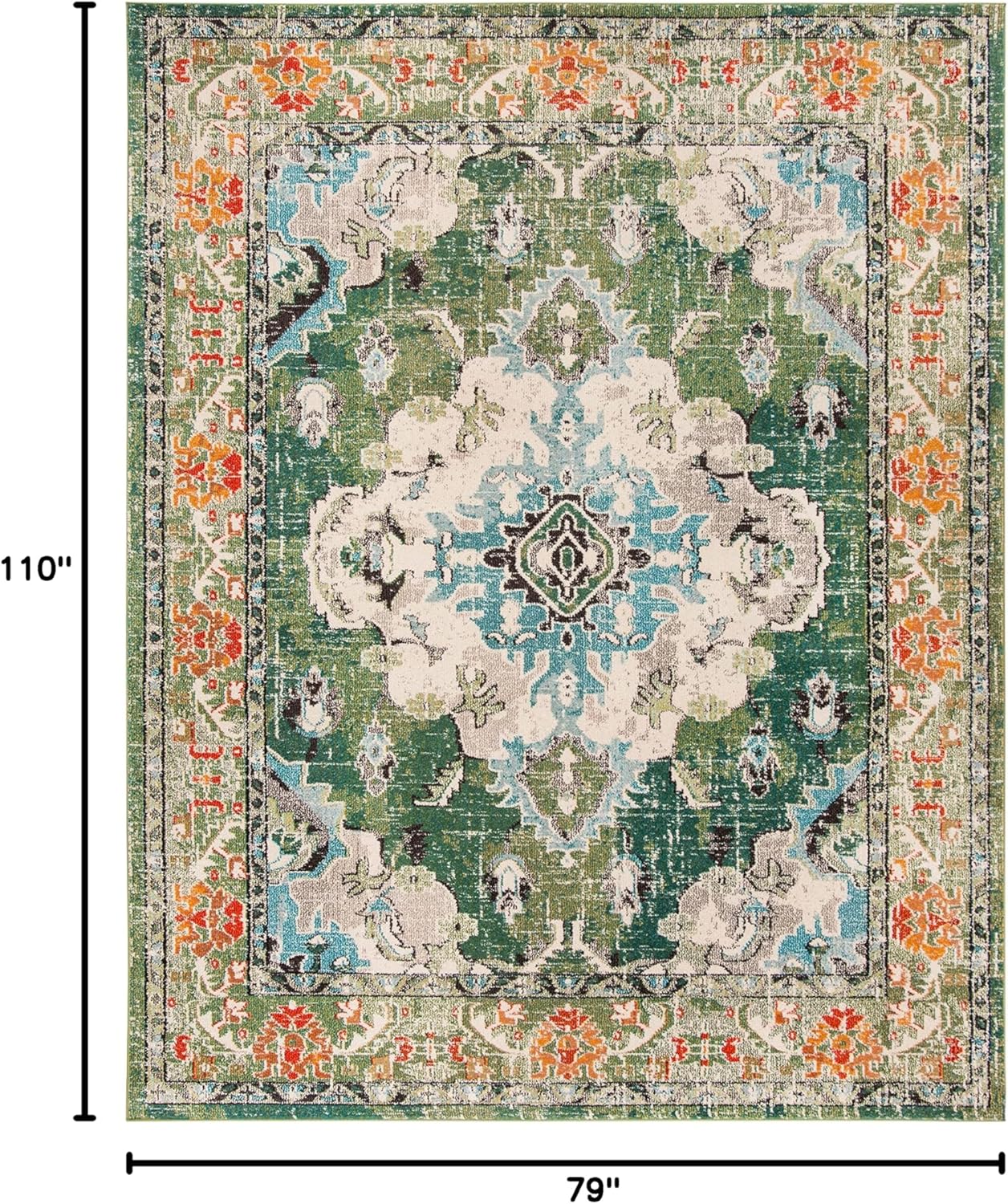 SAFAVIEH Monaco Collection Area Rug - 6'7" x 9'2", Forest Green & Light Blue, Medallion Distressed Design, Non-Shedding & Easy Care, Ideal for High Traffic Areas in Living Room, Bedroom (MNC243F)