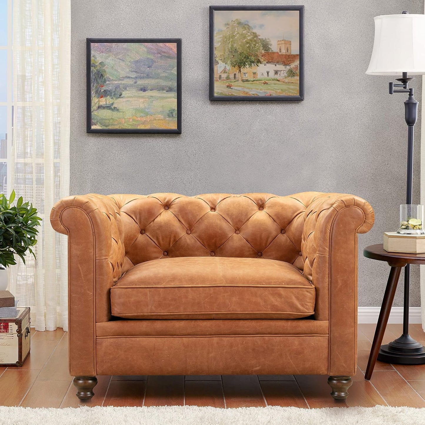 POLY & BARK Lyon Leather Lounge Chair – Cognac Tan Full-Grain Leather Upholstery – Modern Upholstered Accent Chair for Living Room or Bedroom – Indoor Lounge Seating with Lasting Comfort