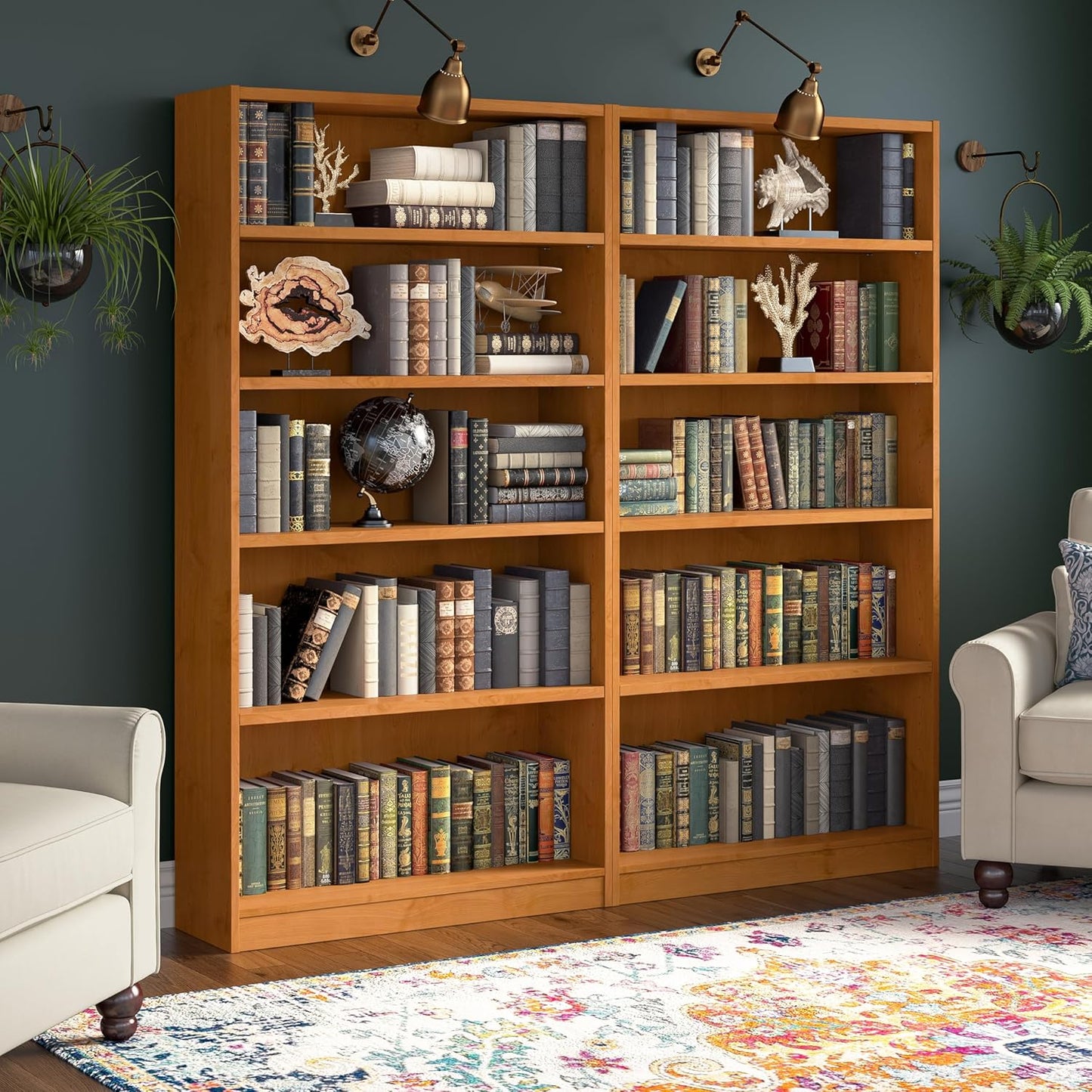 Bush Furniture Universal Tall 5 Shelf Bookcase in Natural Cherry