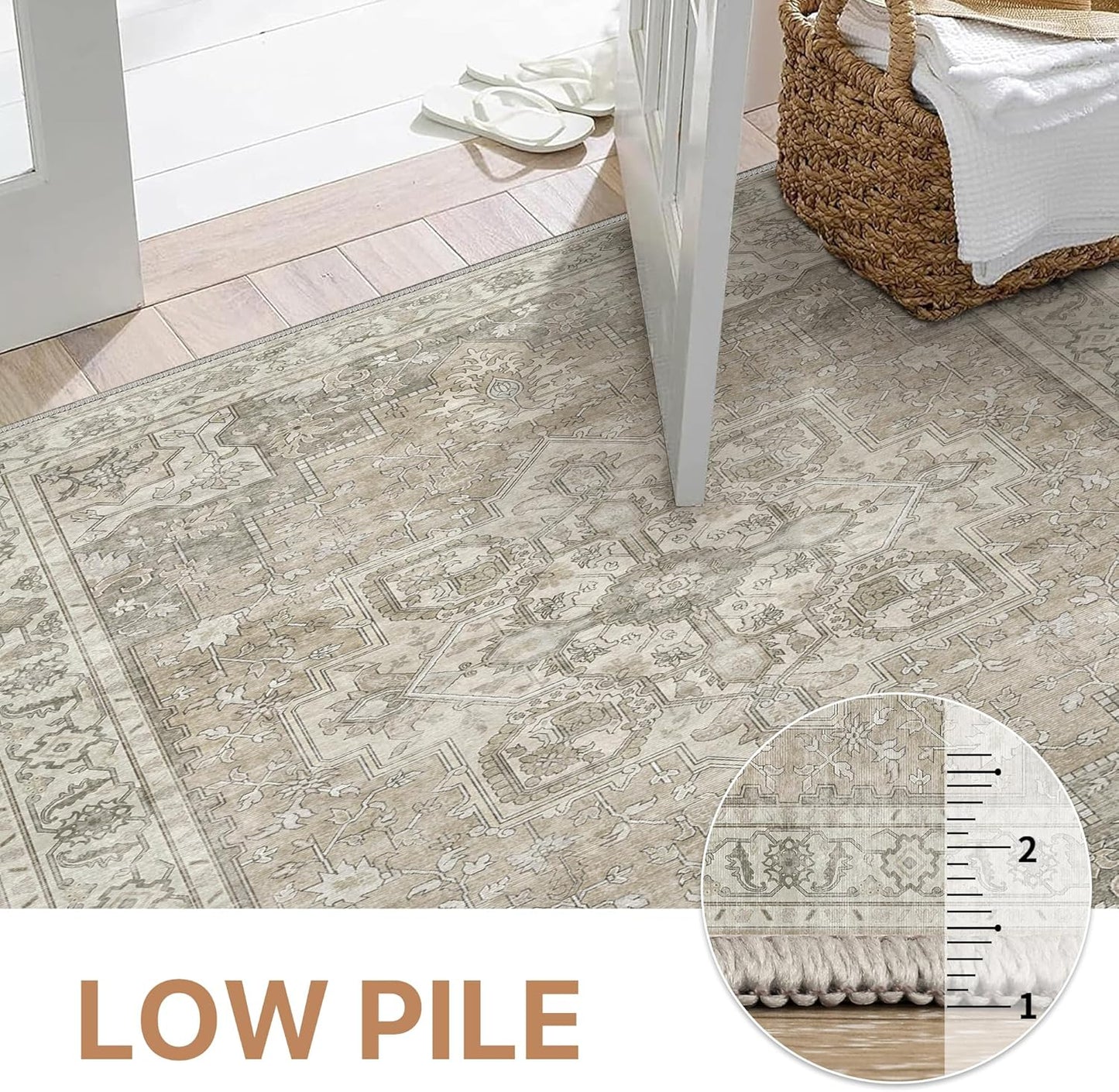 GENIMO 8x10 Area Rugs for Living Room, Machine Washable Non Slip Vintage Rugs, Low Pile Lightweight Chenille Print Rug for Bedroom, Dining Room, Home Office, Trench