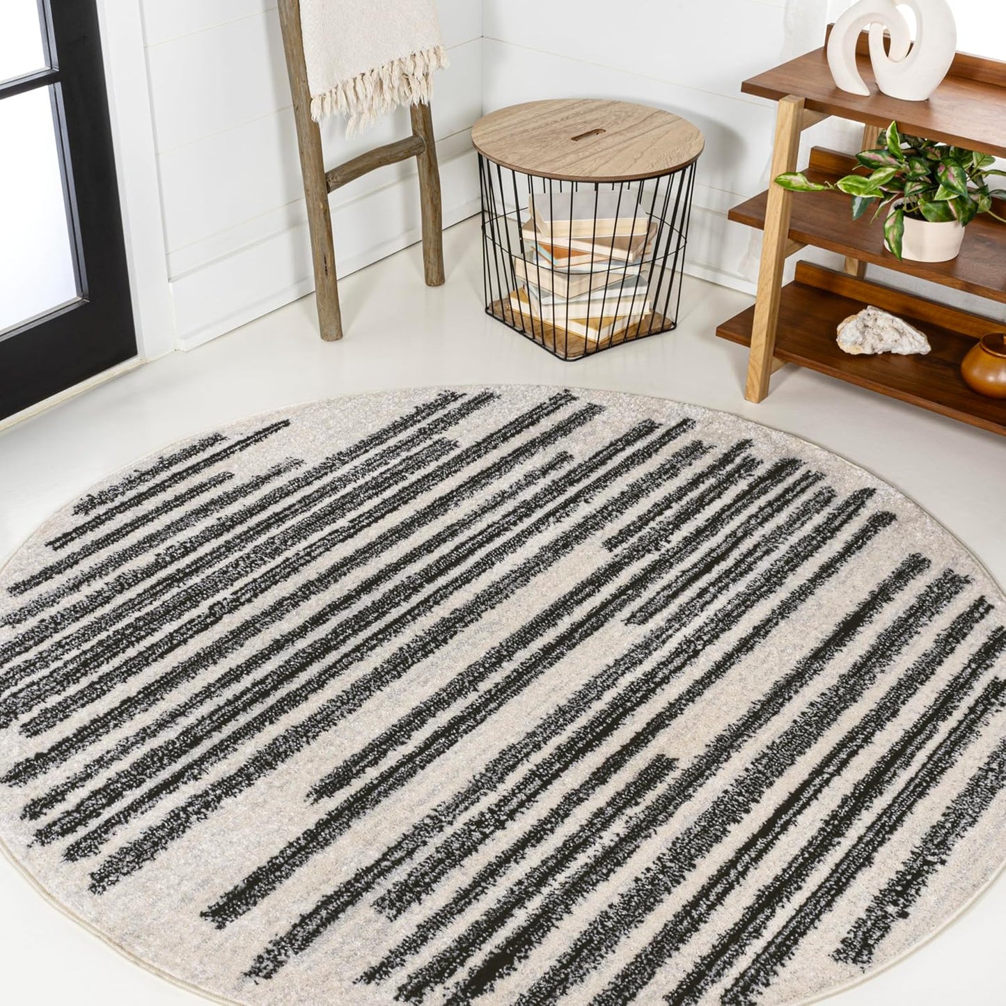 JONATHAN Y Khalil Modern Berber Stripe Cream/Black 8' Round Indoor Area Rug, Contemporary, Bohemian, Easy-Cleaning for Living Room, Bedroom, Kitchen, Pet Friendly, Non-Shedding (MOH207A-8R)