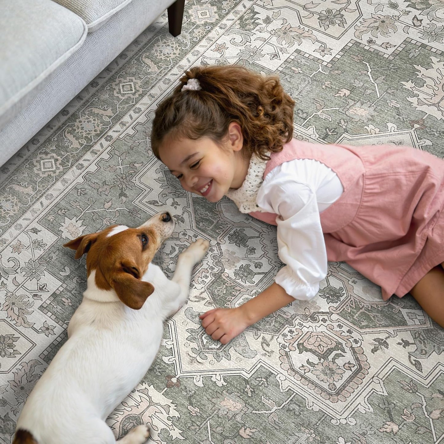 GENIMO 5x7 Area Rugs for Living Room, Machine Washable Non Slip Vintage Rugs, Low Pile Lightweight Chenille Print Rug for Bedroom, Dining Room, Home Office, Moonlight