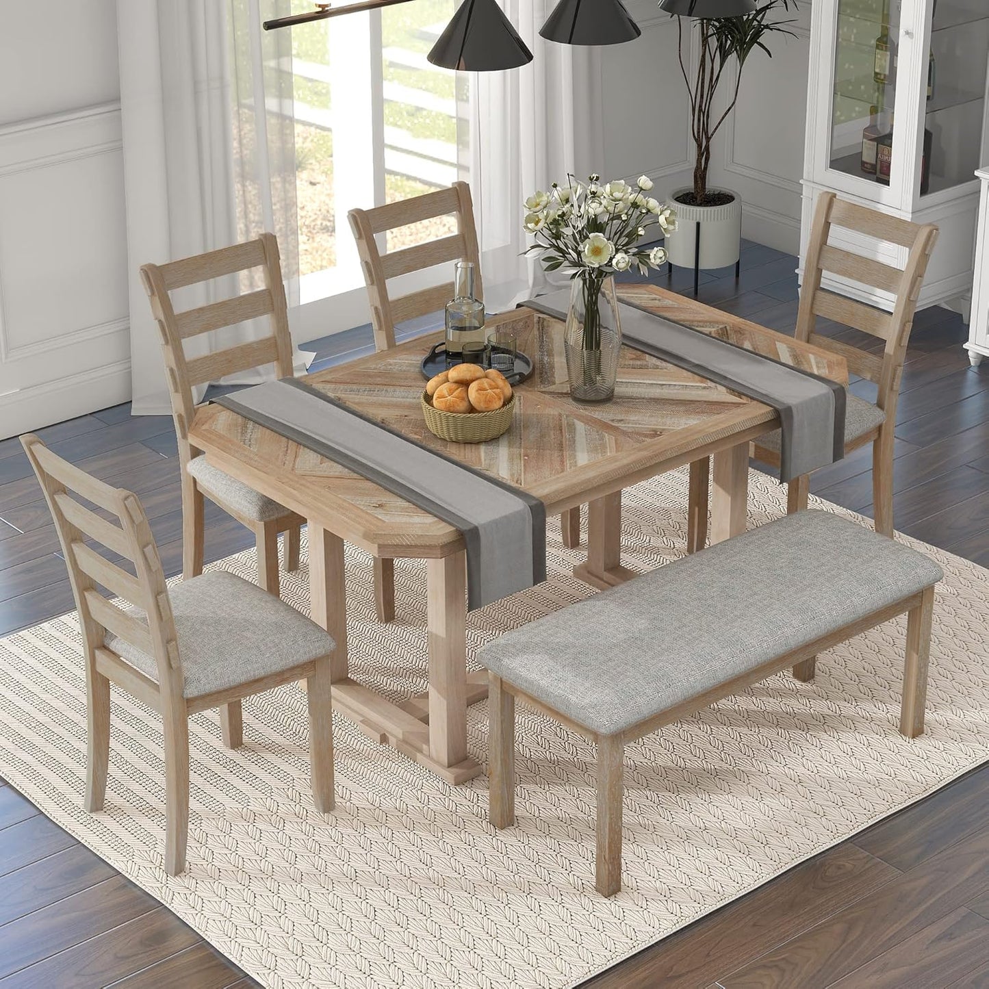 Merax 6-Piece Rubber Wood Dining Table Set with 4 Cushioned Chairs and Bench, Beautiful Wooden Grain Pattern Tabletop, Natural Wood Wash