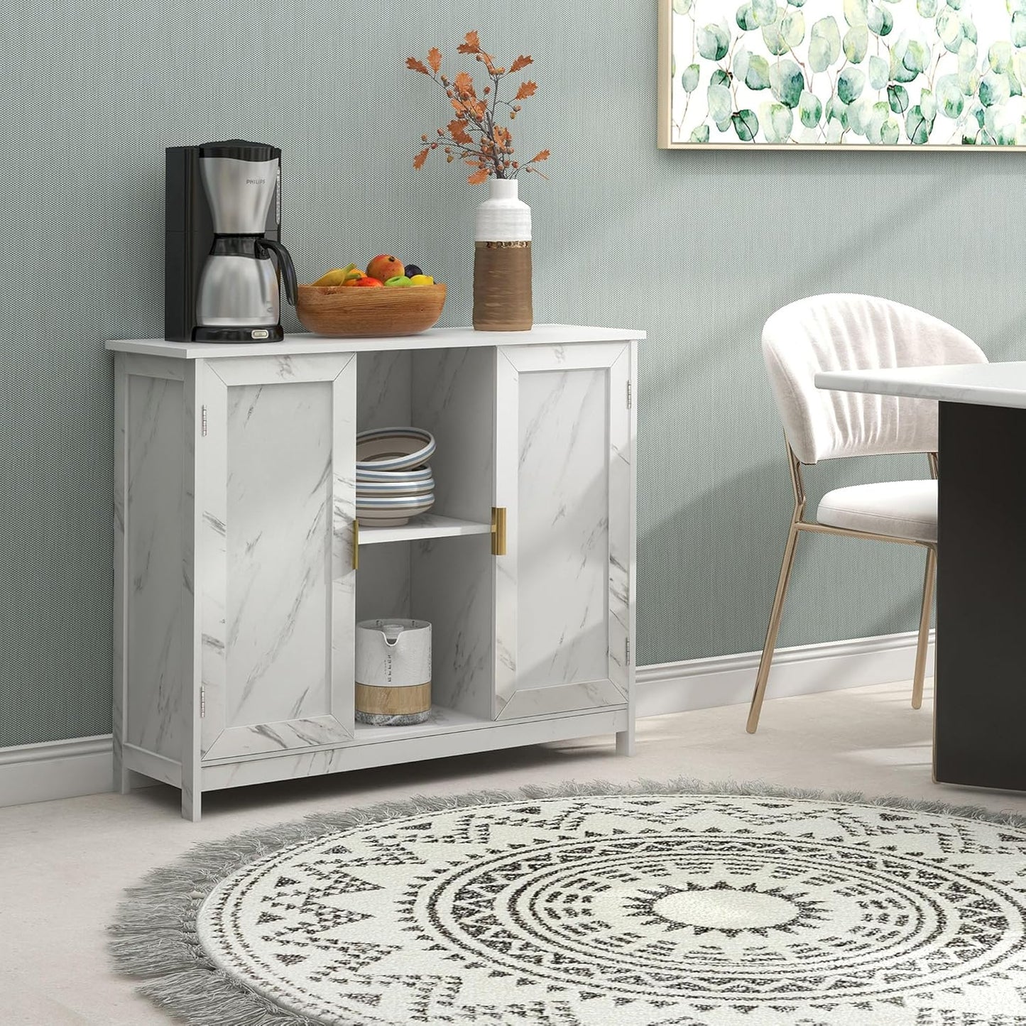 TaoHFE Marble Top Narrow Sideboard Cabinet,Modern White Marble Side Buffet Cabinet with Storage,Kitchen Island Narrow Sideboard for Kitchen for Living Room