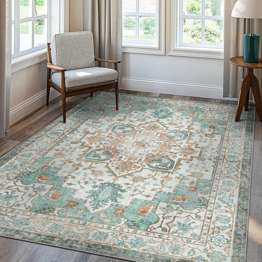 GENIMO 8x10 Area Rugs for Living Room, Machine Washable Non Slip Vintage Rugs, Low Pile Lightweight Chenille Print Rug for Bedroom, Dining Room, Home Office, Cyan