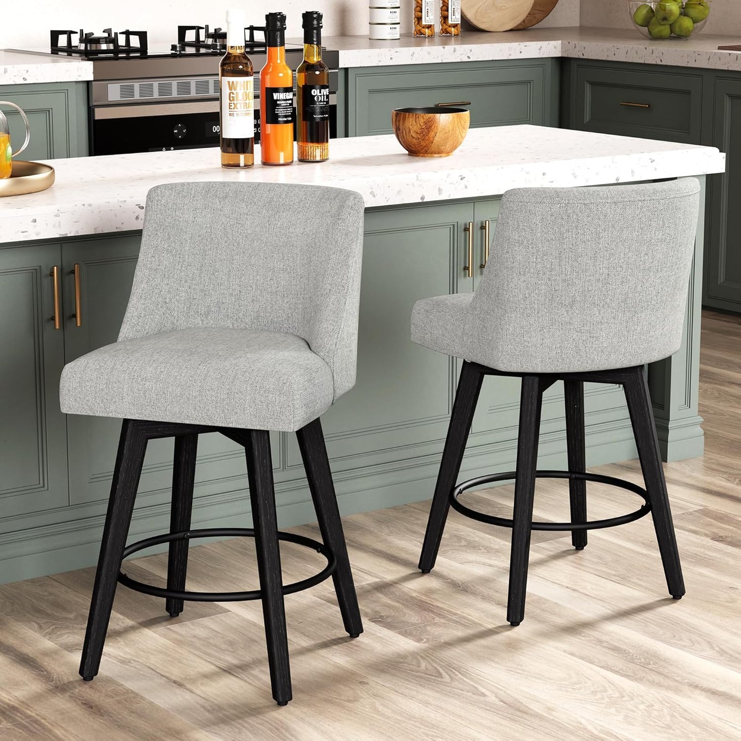 Counter Height Bar Stools Set of 2, Modern Swivel Barstools with Back and Wood Legs, Linen Fabric Upholstered Counter Height Stools, 26" H Kitchen Island Stools, Home Bar, Light Grey