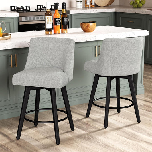 Counter Height Bar Stools Set of 2, Modern Swivel Barstools with Back and Wood Legs, Linen Fabric Upholstered Counter Height Stools, 26" H Kitchen Island Stools, Home Bar, Light Grey