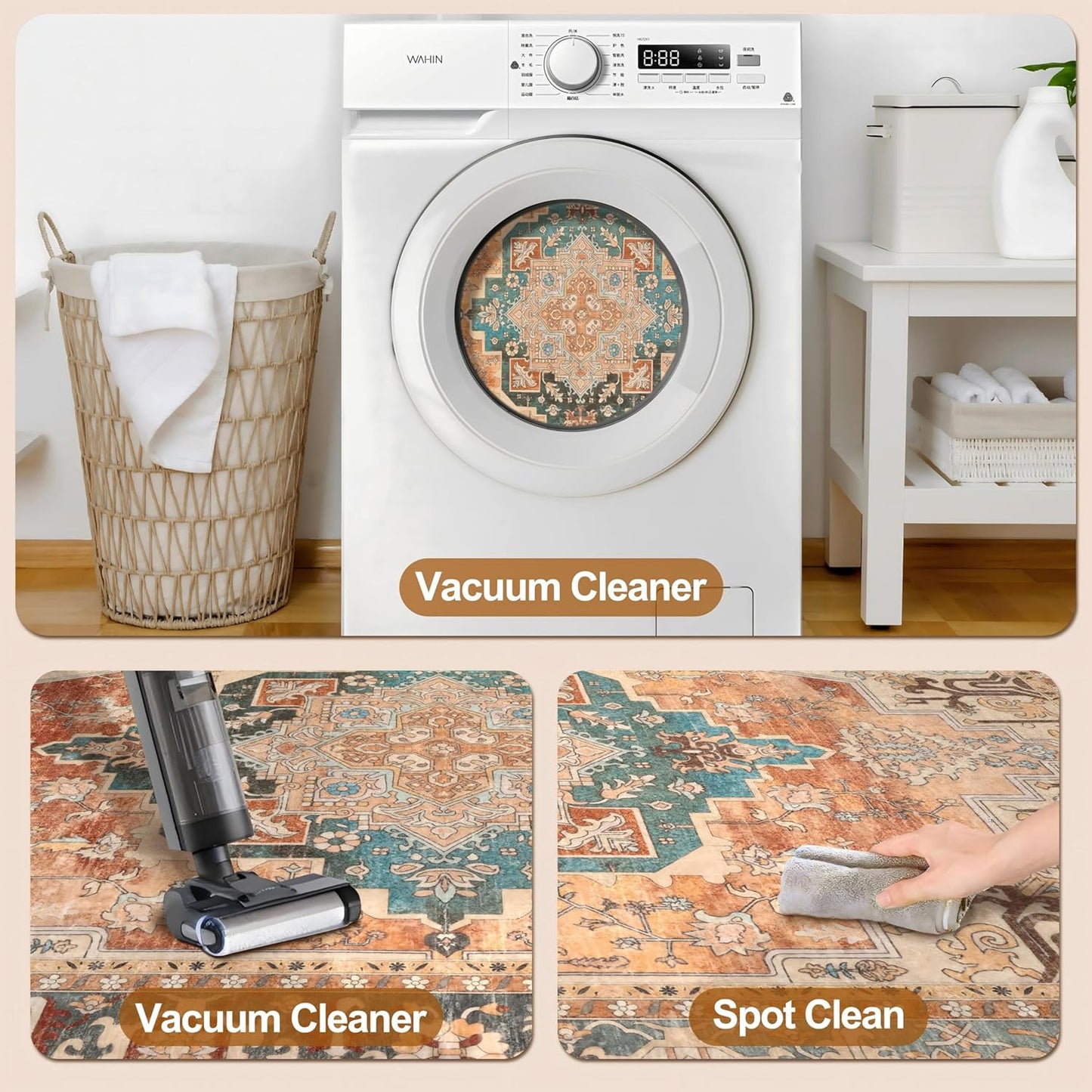 2x6 Washable Runner Rug for Hallways, Non Slip Vintage Rug, Soft Low Pile Long Print Distressed Carpet Runners for Kitchen Bedroom Entryway Bathroom Living Room Rusty Orange