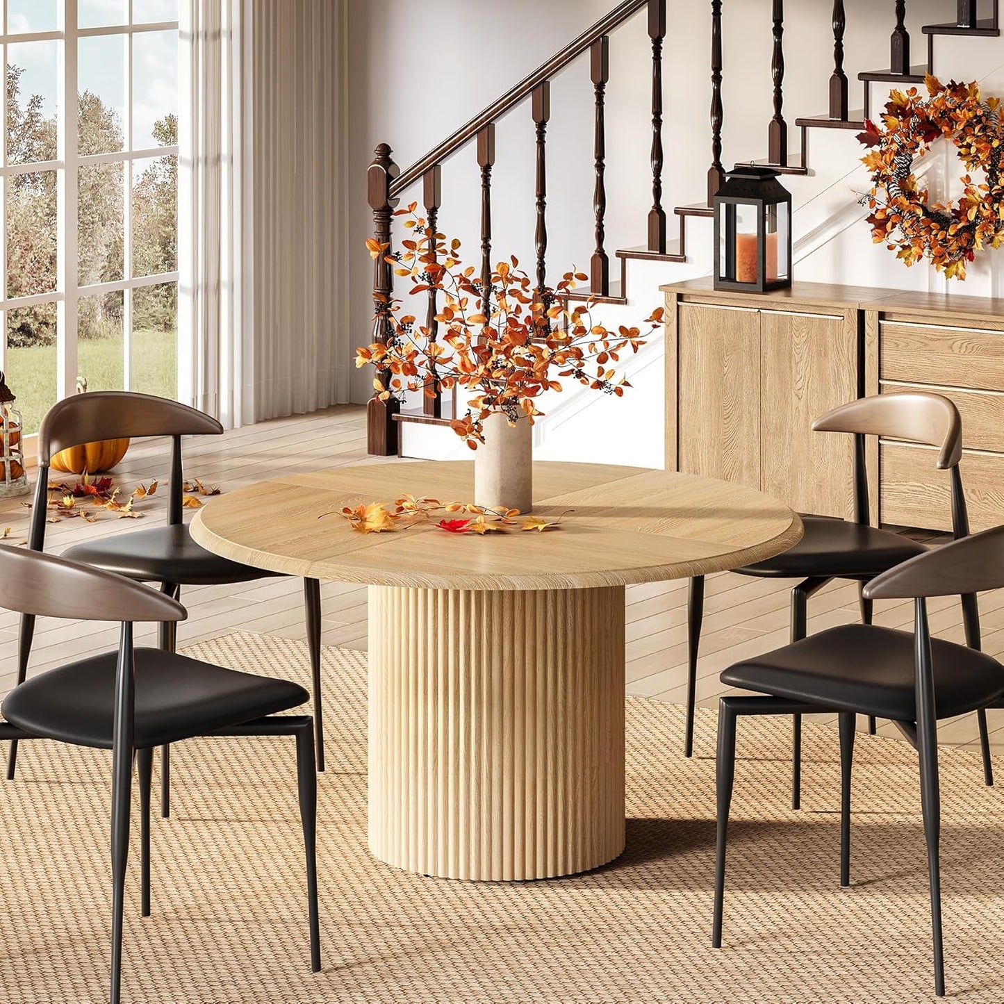 LITTLE TREE 47 Inches Round Dining Table for 4, Farmhouse Natural Wooden Dining Room Table with Fluted Pedestal, Large Circle Kitchen Dinner Table for Dining Room, Living Room (Table Only)