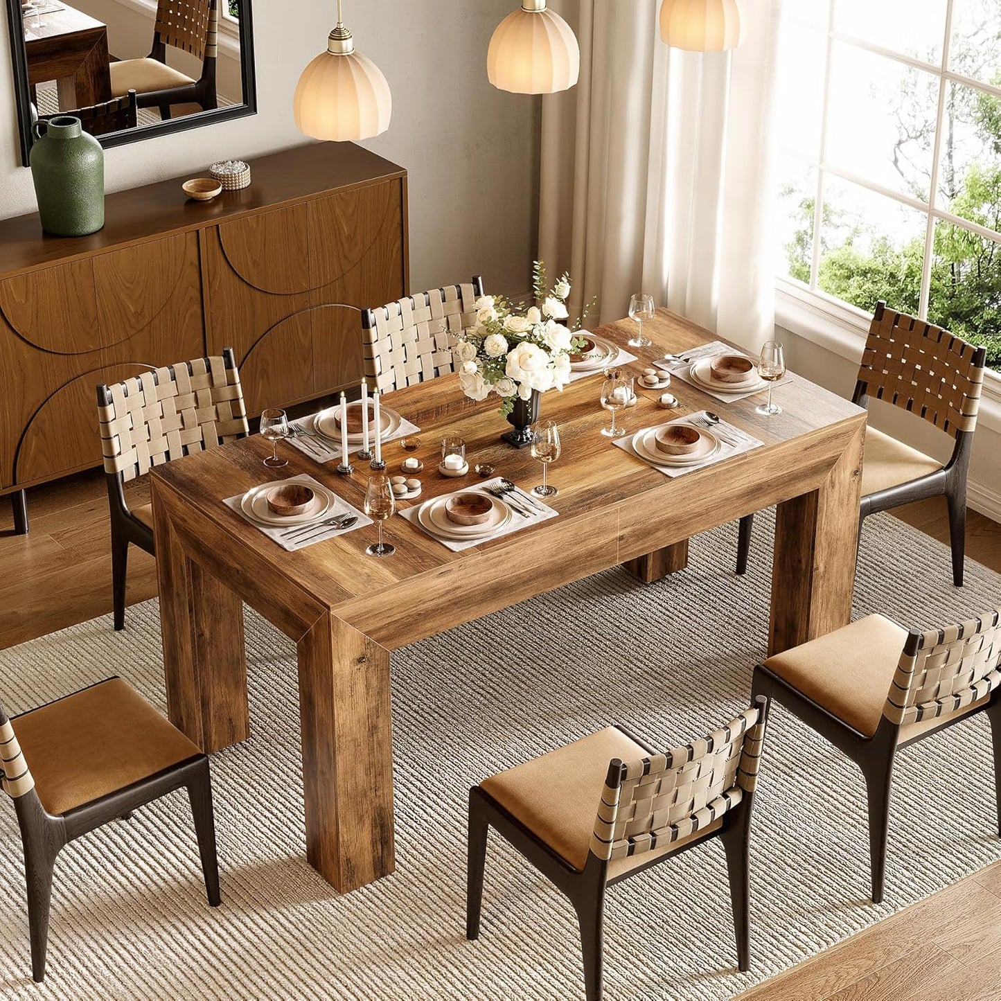 LITTLE TREE Modern Dining Table, Rectangle Heavy Duty Kitchen Table for Home, Farmhouse 63 Inches Wooden Furniture for 4-6 People, Wood Grain Color