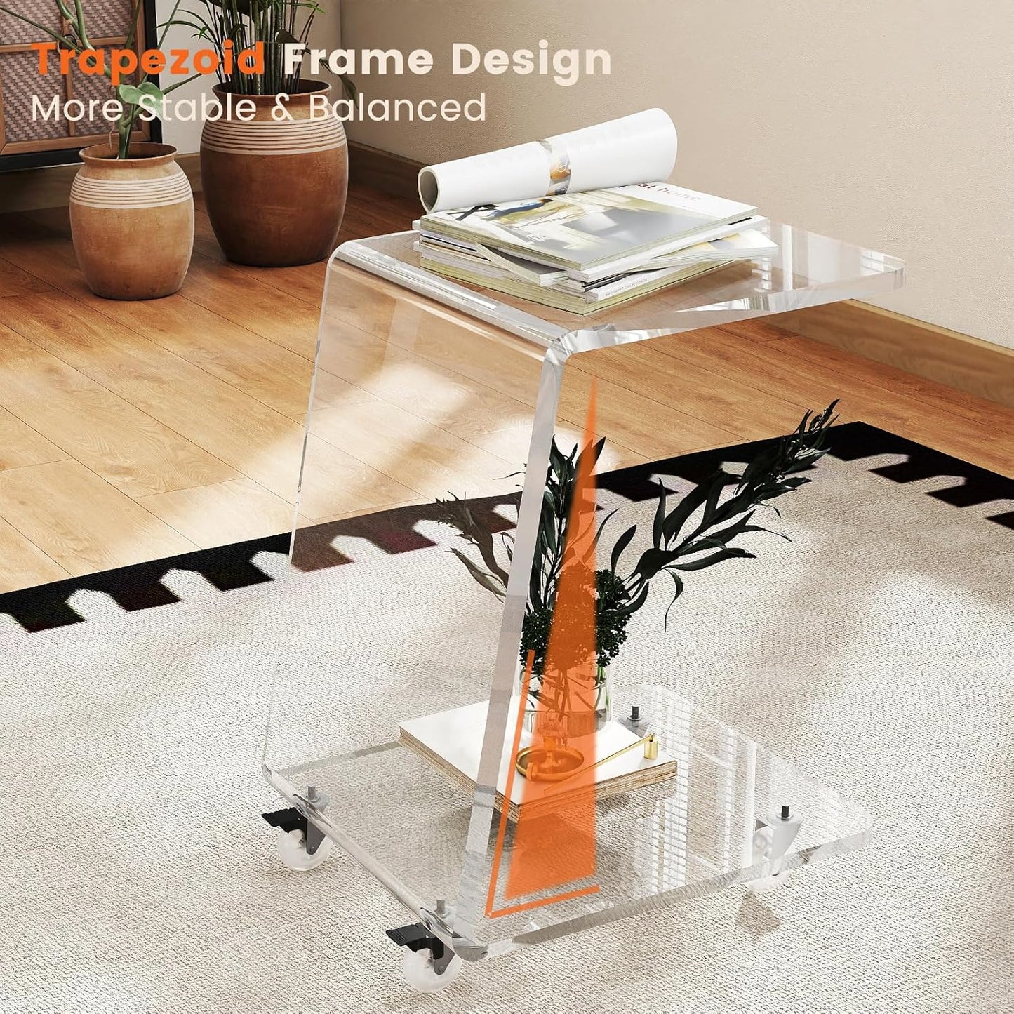 2-Pack Clear Acrylic C Shaped Side Table with Wheels, Modern End Tables for Sofa, Couch, and Bed – 15mm Thick Durable Acrylic Small Snack Laptop Tables for Living Room & Bedroom