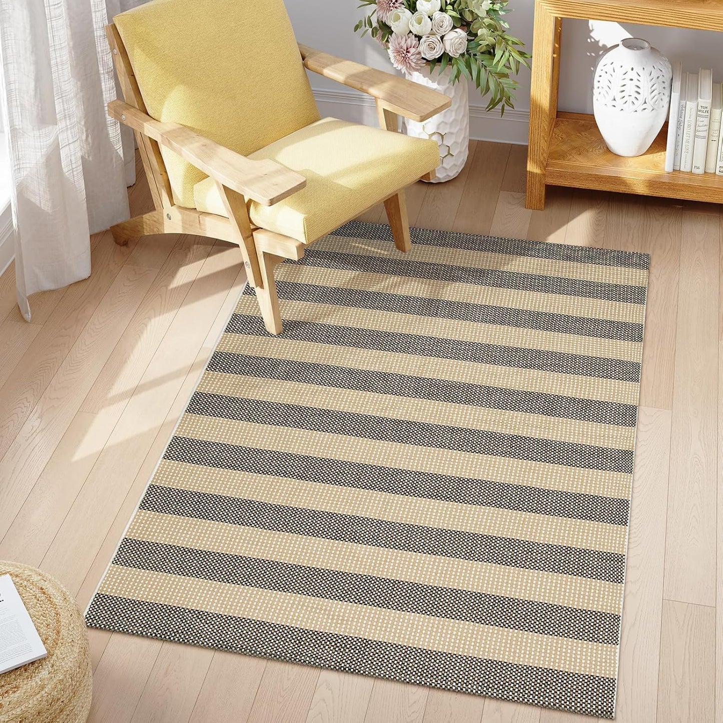 OJIA Washable Outdoor Rug 4'x6', Cotton Woven Outdoor Patio Rug Tan Front Porch Rug Outdoor Door Mat Entryway Rugs Indoor Area Rugs Floor Mat for Backyard/Entry/Kitchen/Bedroom/Living Room