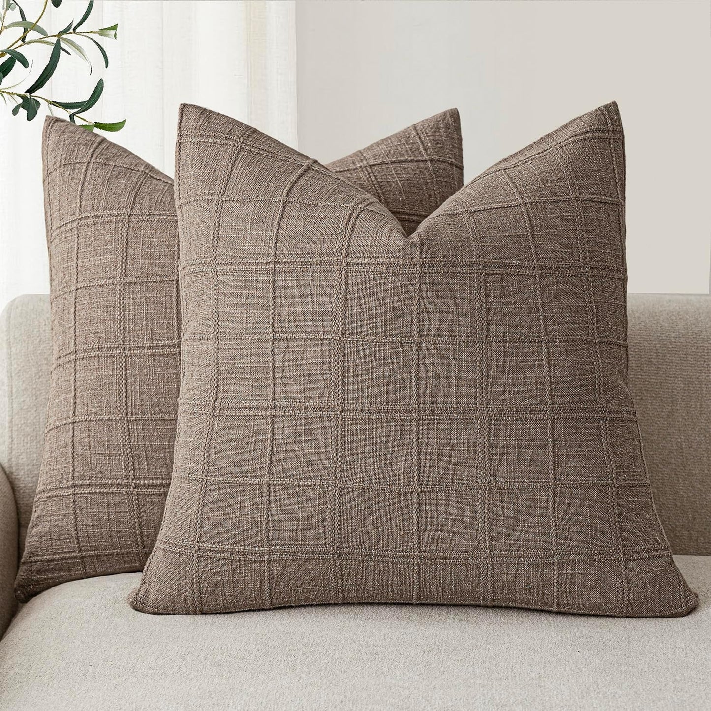 Foindtower Set of 2 Decorative Linen Check Throw Pillow Covers Neutral Farmhouse Vintage Cushion Covers Modern Boho Home Decor for Sofa Chair Couch Bedroom Living Room Outdoor,22×22 Inch,Tan Taupe