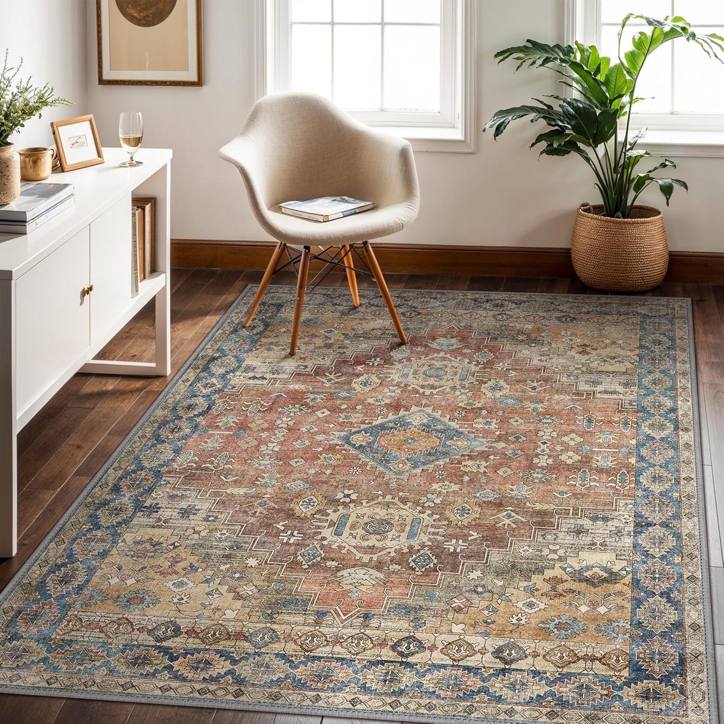 GENIMO 10x12 Area Rugs for Living Room, Machine Washable Non Slip Vintage Rugs, Low Pile Lightweight Chenille Print Rug for Bedroom, Dining Room, Home Office, Antique Red