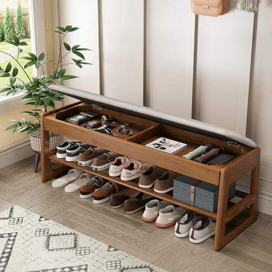 Shoe Rack Bench with Cotton-Linen Cushion 2-Tier Wooden Storage Bench 550lbs Compact Simple & Modern Design for Entryway, Hallway, Bedroom, Living Room, Closet, Front Door Entrance, Foyer