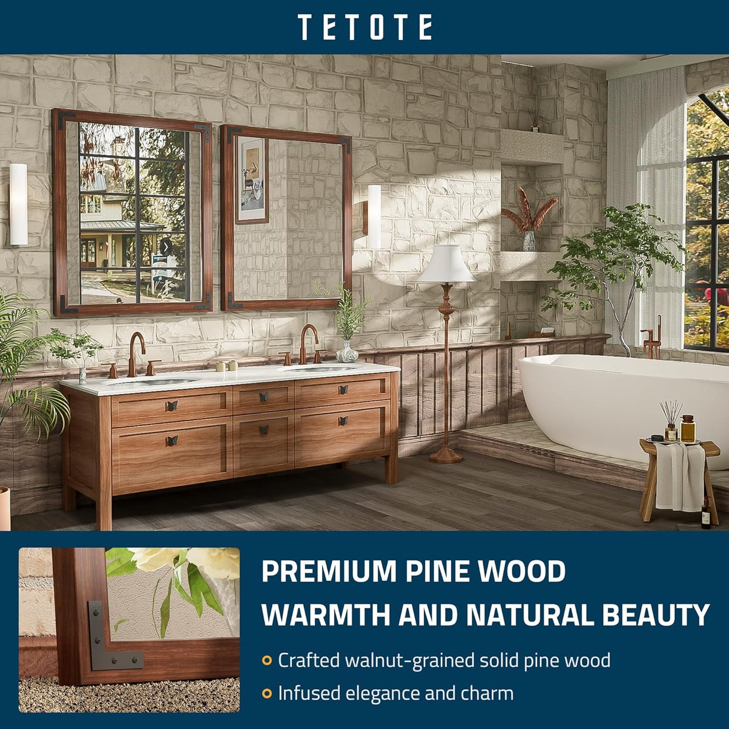 TETOTE 30 x 36 Walnut Wooden Mirror for Bathroom Wall/Bedroom/Living Room/Entryway Farmhouse Rustic Bathroom Vanity Mirror Brown Waterproof (Horizontal/Vertical Mounted)