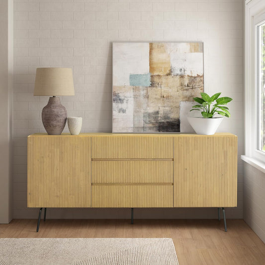 NTC Veil Modern Sideboard with 4 Doors, Buffet Cabinet with Vertical Groove Design and Metal Legs, Storage Cabinet for Living Room, and Hallway, Effortless Assembly, Sand