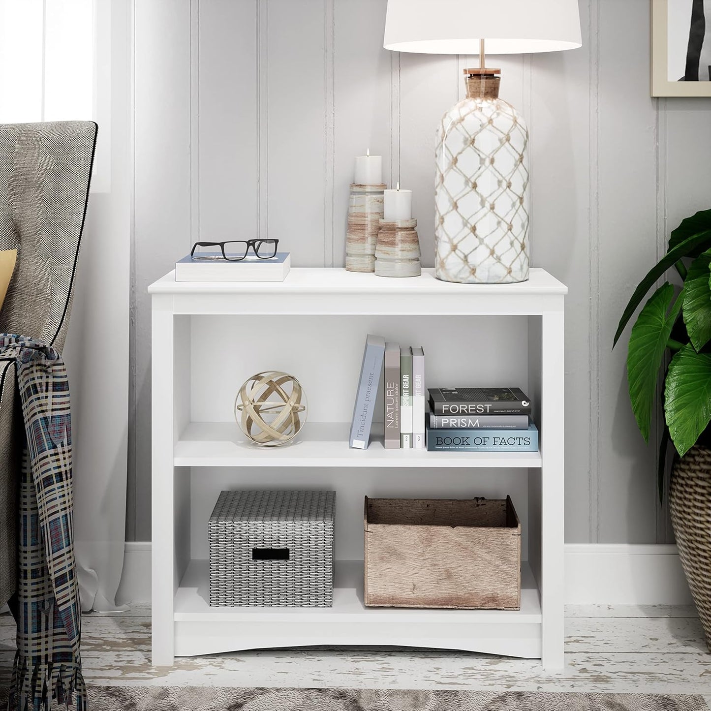 Prepac Sonoma 2-Tier Bookcase 29"H with 1 Adjustable Shelf, White Storage Cabinet, Modern Display Cabinet, Bookshelf with Storage Shelves for Home Office, Living Room, Bedroom Organizer