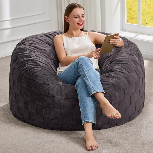 Hobestluk Bean Bag Chairs Beanbag Chair with Filler Adult Bean Bags with Fluffy Plaid Cover, Giant Bean Bag Chairs for Adults for Living Room, Bedroom (Dark Grey, 3FT - 36” x 36” x 22”)