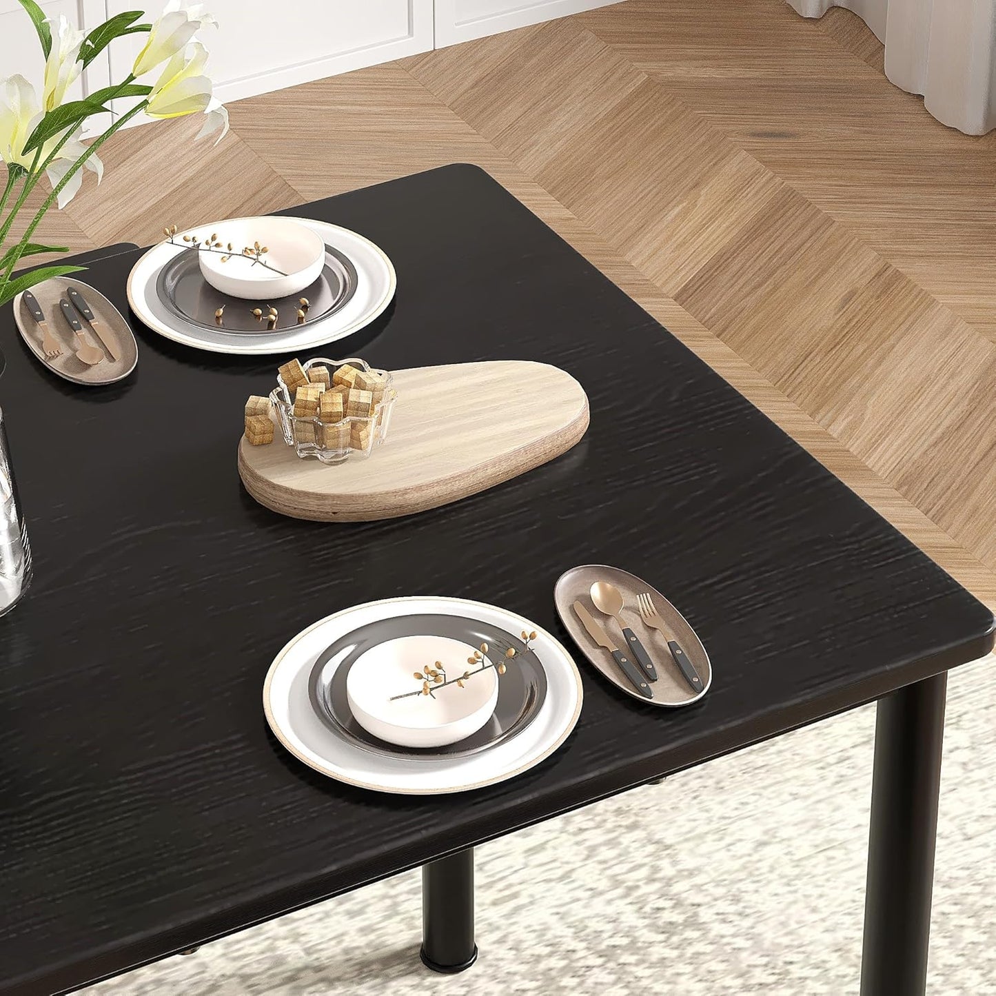 VECELO Kitchen Table and Chairs for 4, Dining Room Set with Chairs/Stools, Heavy-Duty Metal Frame with Wooden Tabletop for Small Spaces, Easy Assembly, Elegant Black