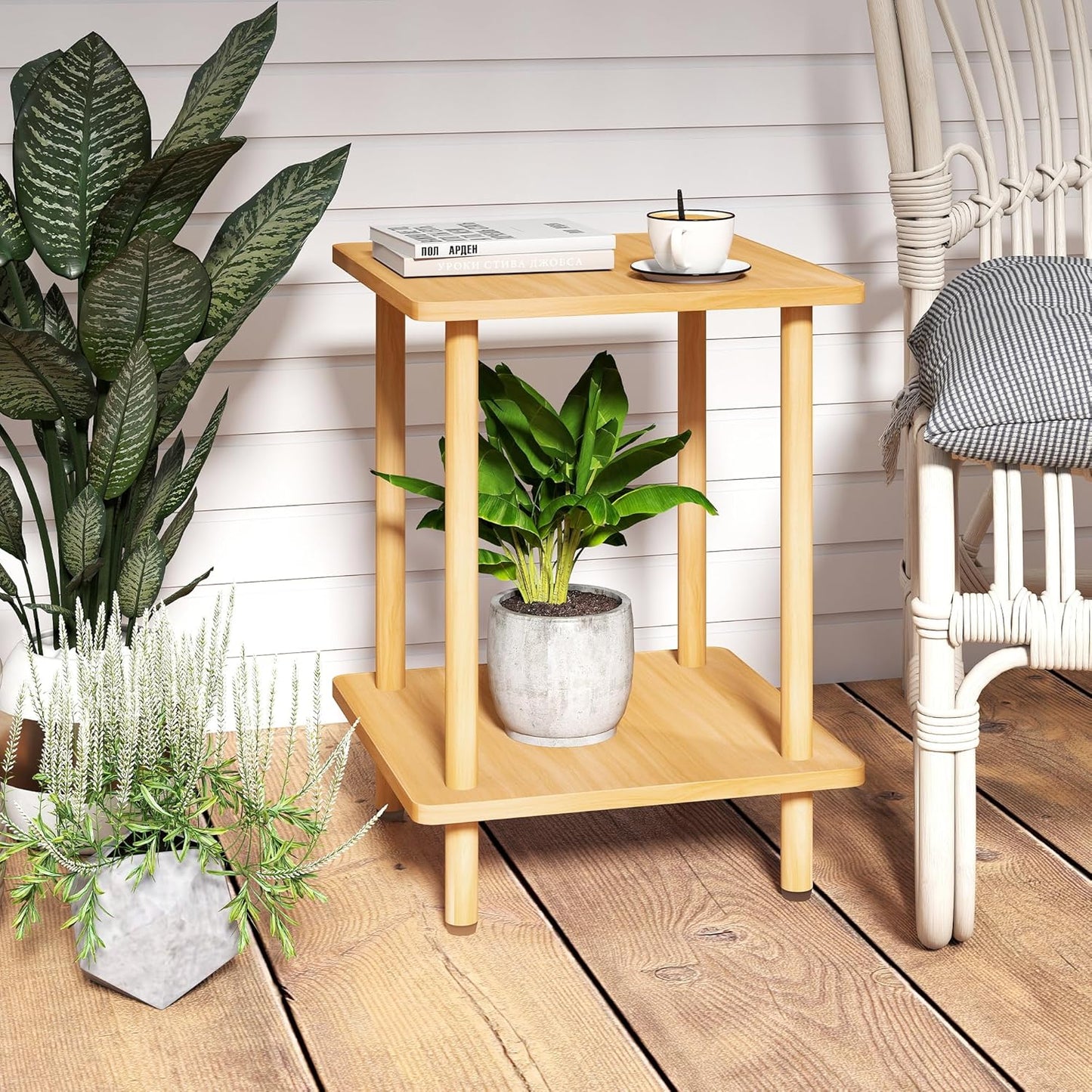 2-Tier End Table,Multi-Layer Side Cabinet with 4 Solid Wood Sturdy Legs for Living Room and Bed Room, Minimalist Modern (15.8"*15.8"*21")