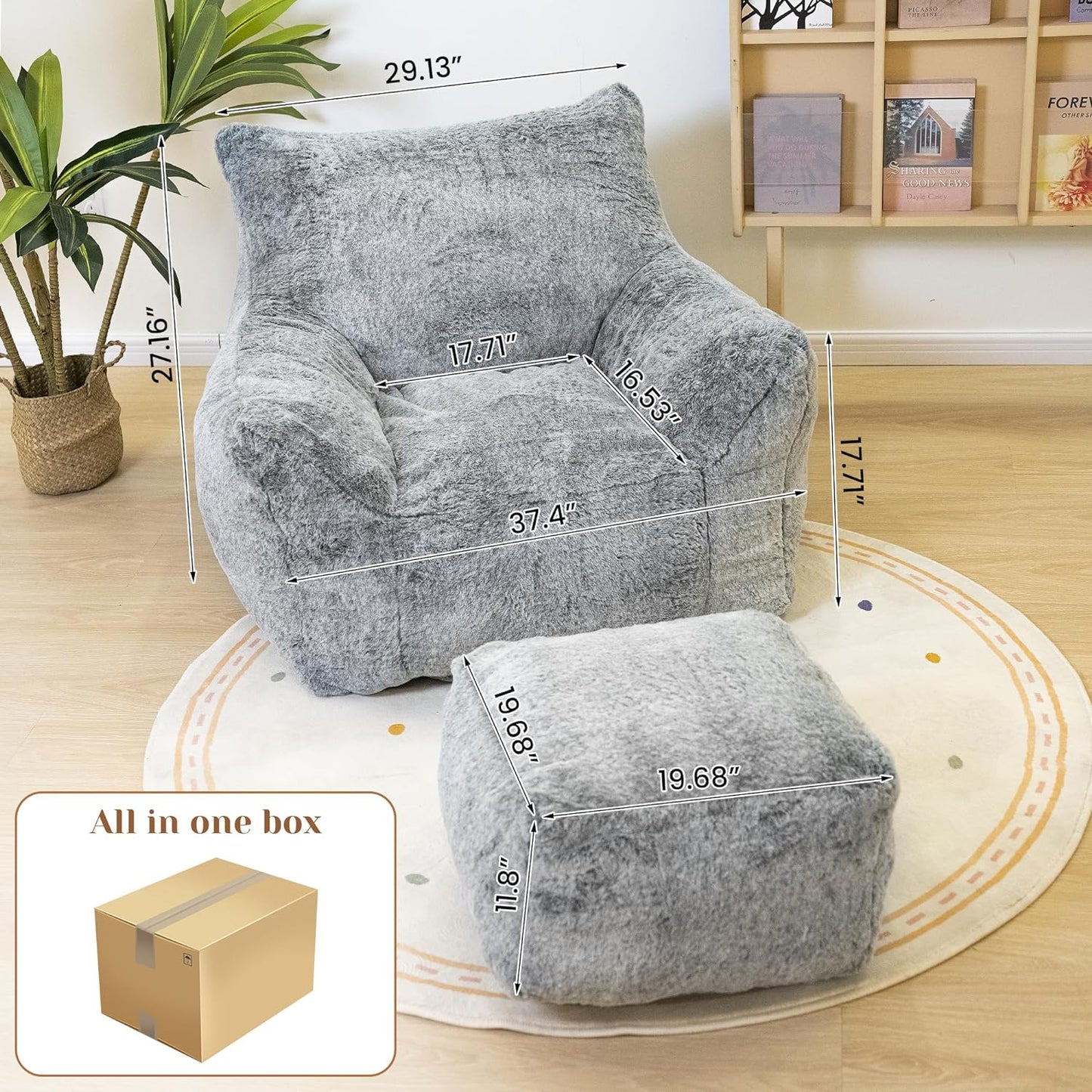 Bean Bag Chair with Ottoman, Armrest Bean Bag Chairs with Filler, Ultra Soft Fluffy Faux Fur Bean Bag Chair with Foot Rest, Plush Lazy Sofa with Foot Stool for Living Room, Dorm