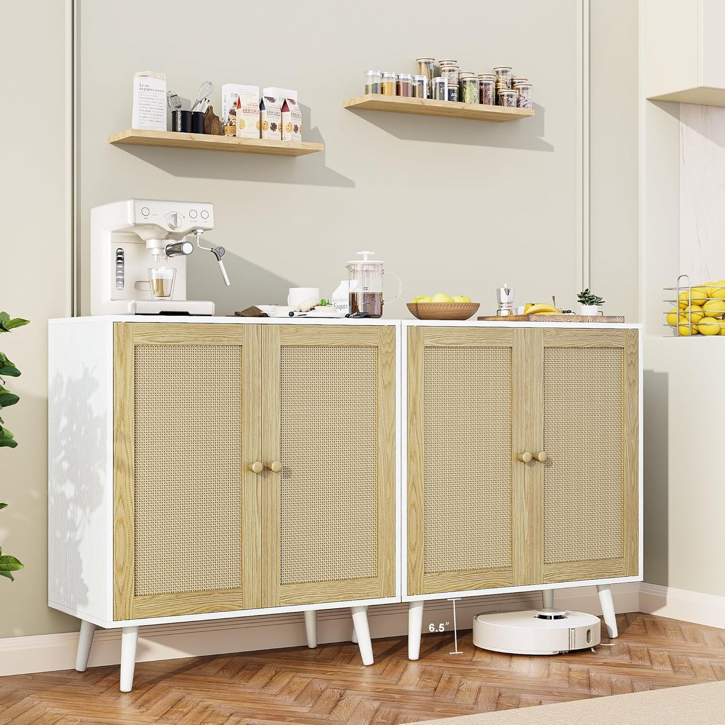 Rattan Storage Cabinet, Small Sideboard Buffets Storage Cabinet with Doors for Kitchen & Entryway Storage, White