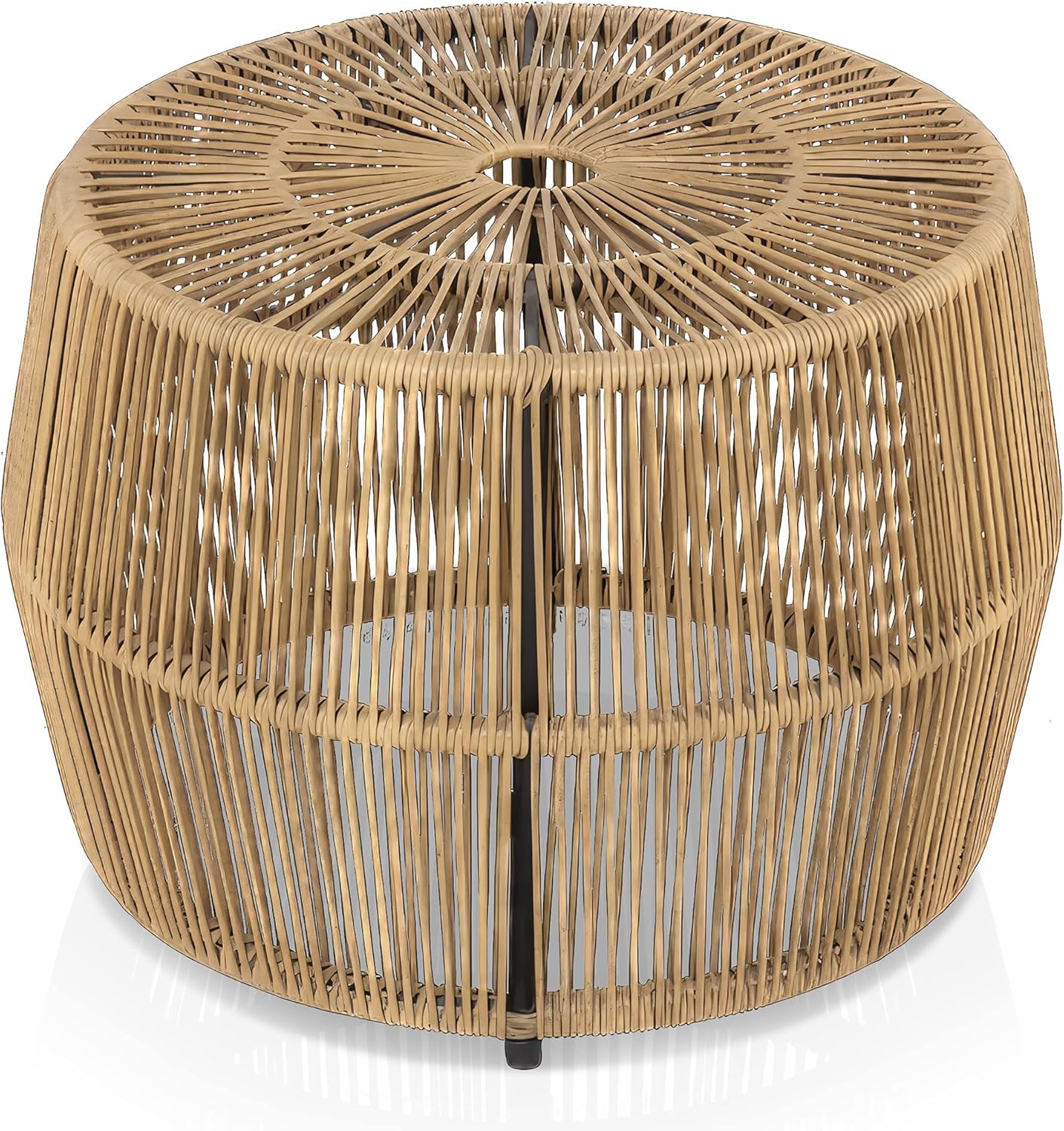 Muse & Lounge Co. Ysar Boho Rattan Round Coffee Table Outdoor with Metal Frame, All-Weather and Rust Resistant, Handcrafted Coastal Furniture for Patio, Poolside, Garden, Yard, Natural Brown