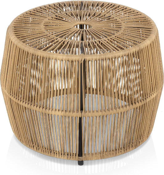 Muse & Lounge Co. Ysar Boho Rattan Round Coffee Table Outdoor with Metal Frame, All-Weather and Rust Resistant, Handcrafted Coastal Furniture for Patio, Poolside, Garden, Yard, Natural Brown