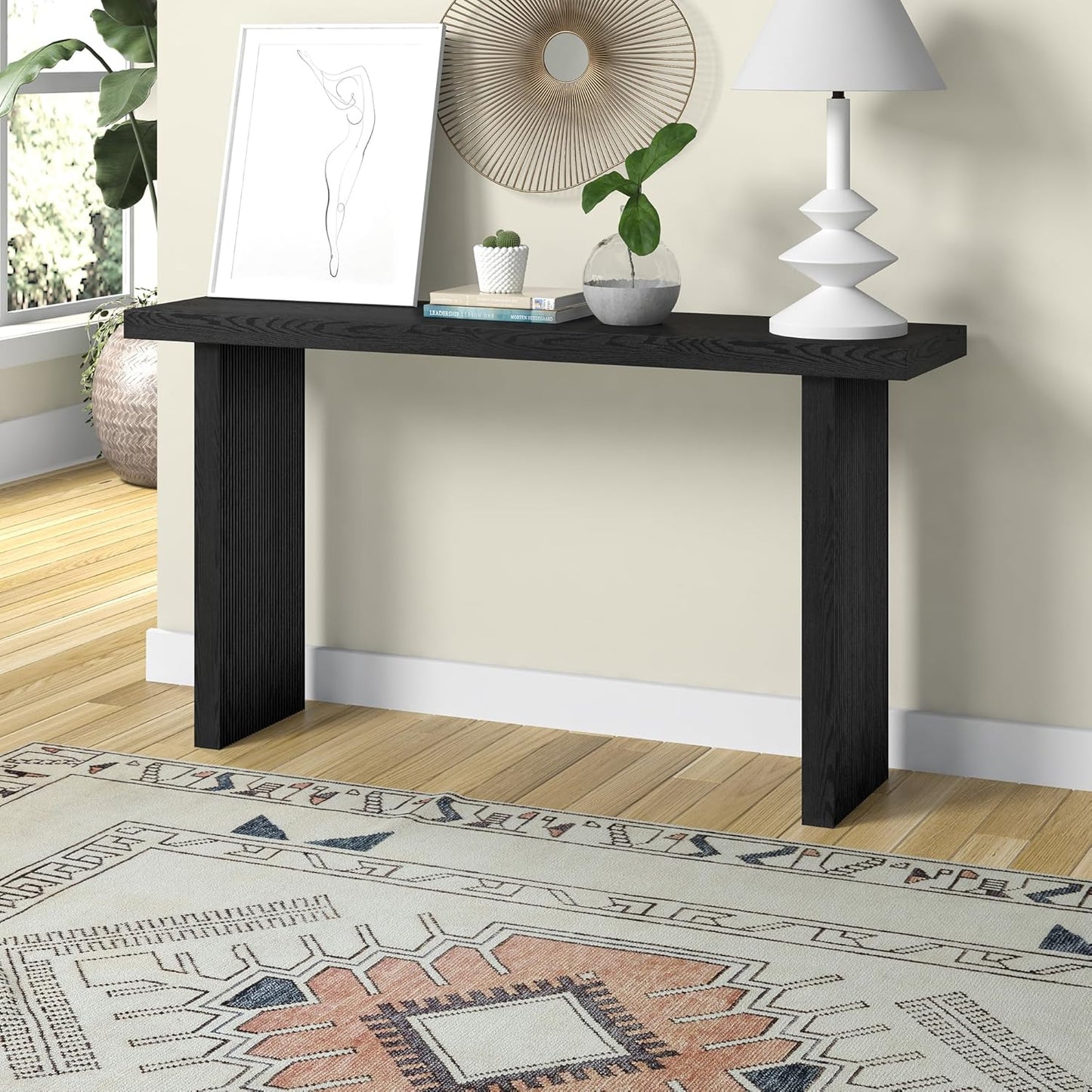 Henn&Hart 55'' Wooden Rectangular Fluted Console Table Entryway Table, Sofa Table for Entryway, Living Room, Couch, Hallway, or Office, Black Grain