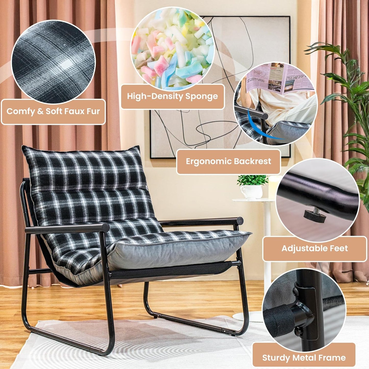 Plush Modern Accent Chair Single Comfy Chair for Bedroom — Ergonomic Lounge Chair with Stylish Upholstery, Space-Saving Design & Easy Assembly Plaid & Grey