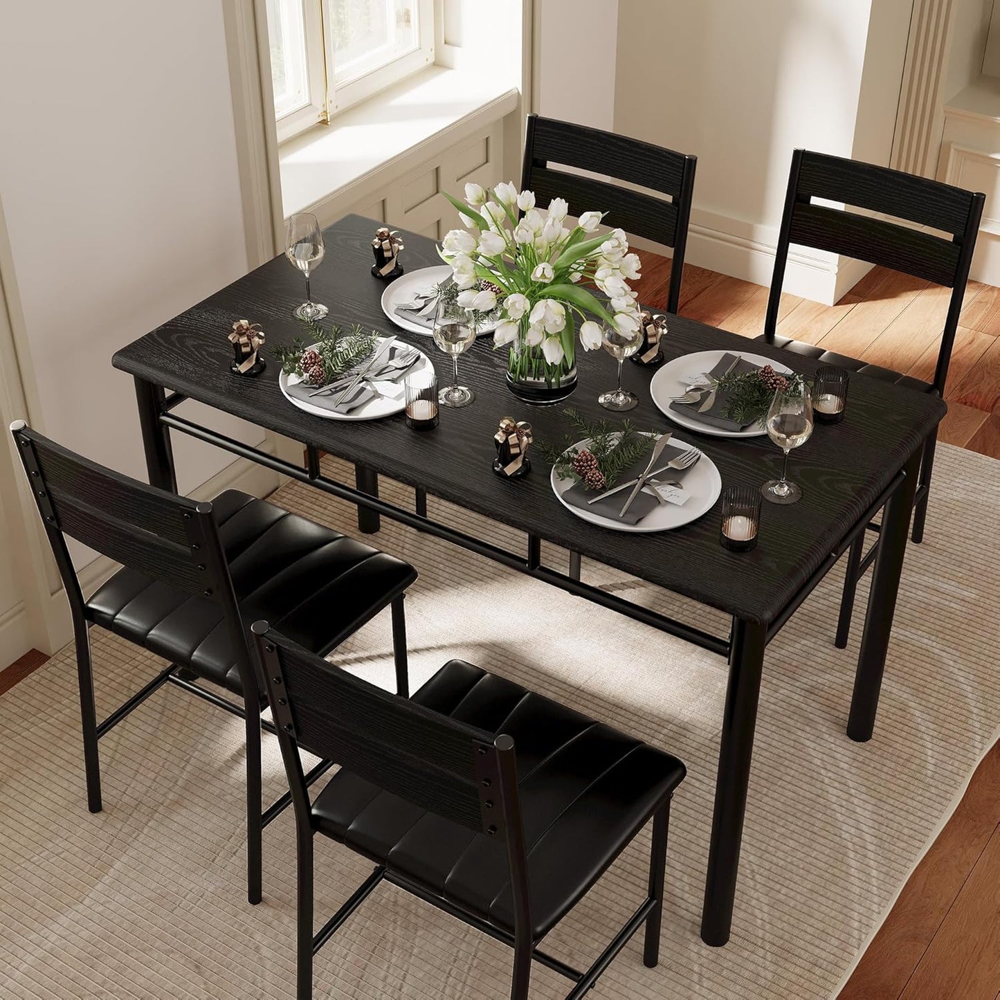 IRONCK Dining Table Set for 4, Wood Kitchen Table with Upholstered Chairs for Kitchen & Dining Room, Compact Dining Set for Small Spaces, Black