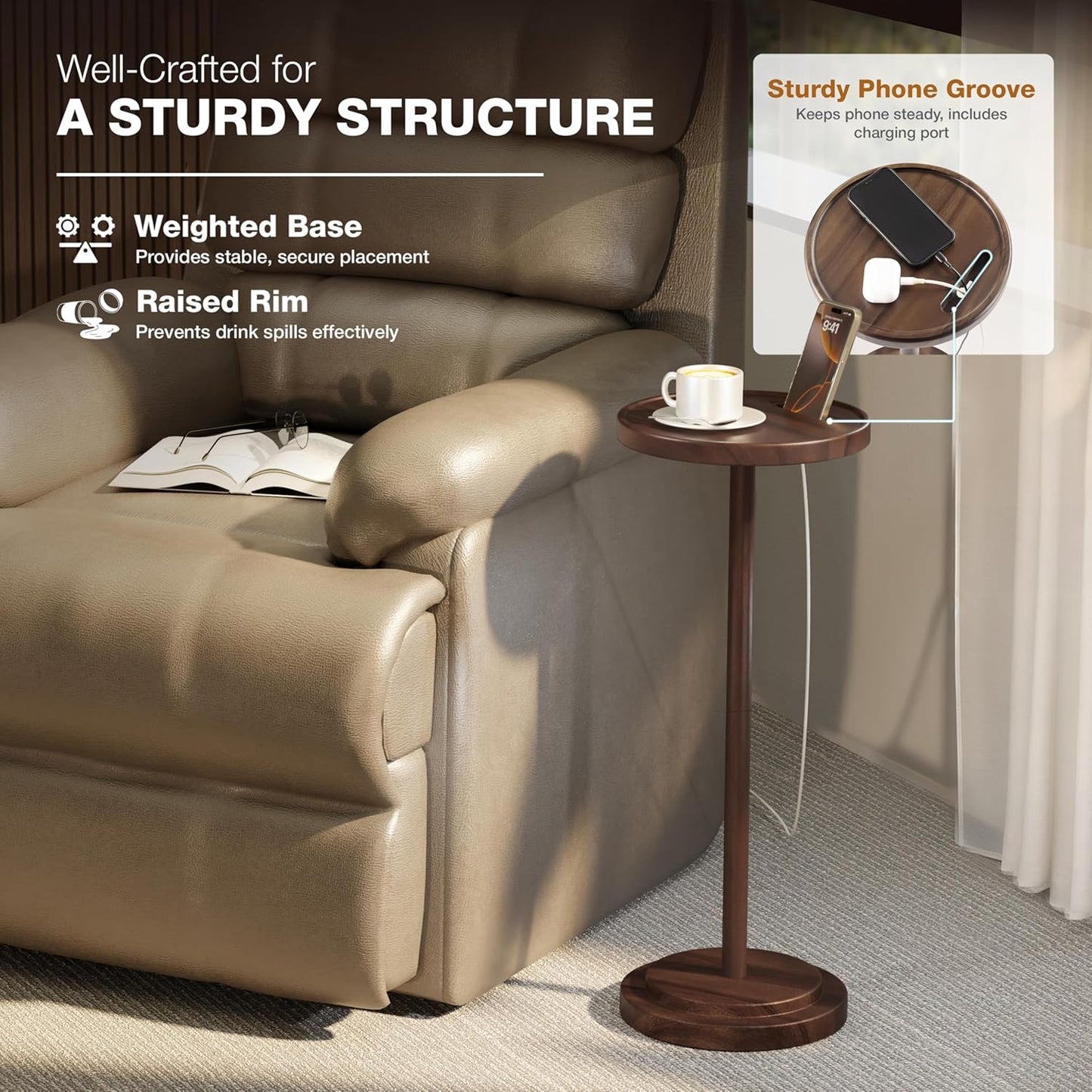 BLUEWEST Drink Table, 24.4" Tall Compact Side Table with Phone Slot and Weighted Base, Durable Pedestal Table Accent for Living Room, Bedroom, or Office, Martini and Cocktail