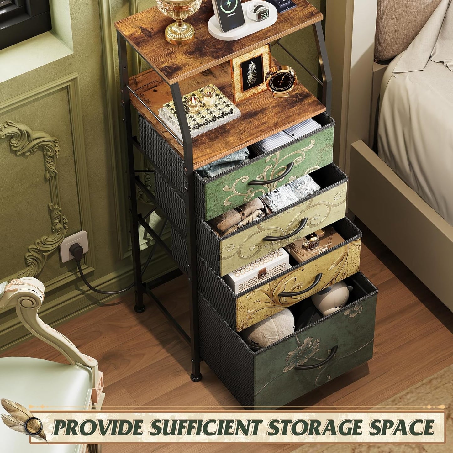 WLIVE 4 Drawer Dresser for Bedroom, 37" H Nightstand with Charging Station and Led Light, Tall Night Stand Bed Side Table, End Table with USB Ports and Outlets, Fabric Bins, Floral Painted