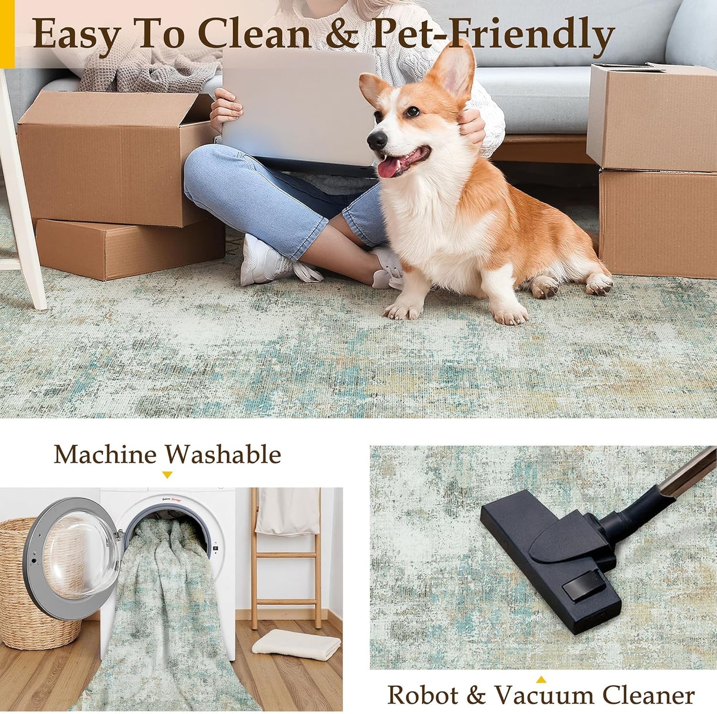 9x12 Area Rug Teal Beige Modern Neutral Abstract Living Room Bedroom Indoor Floor Carpet Low Pile Soft Non-Slip Lightweight Vacuumable Washable Large Throw Rug for Nursery Dining Room