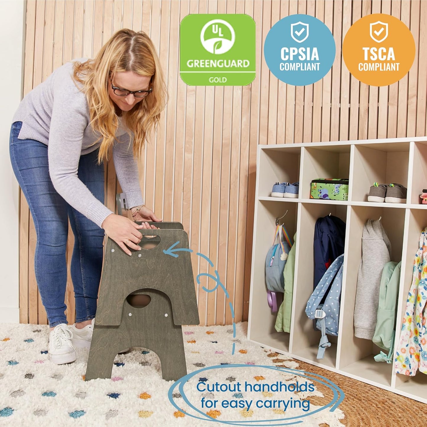 ECR4Kids Stackable Wooden Toddler Chair, 10in, Kids Furniture, Grey Wash, 2-Pack