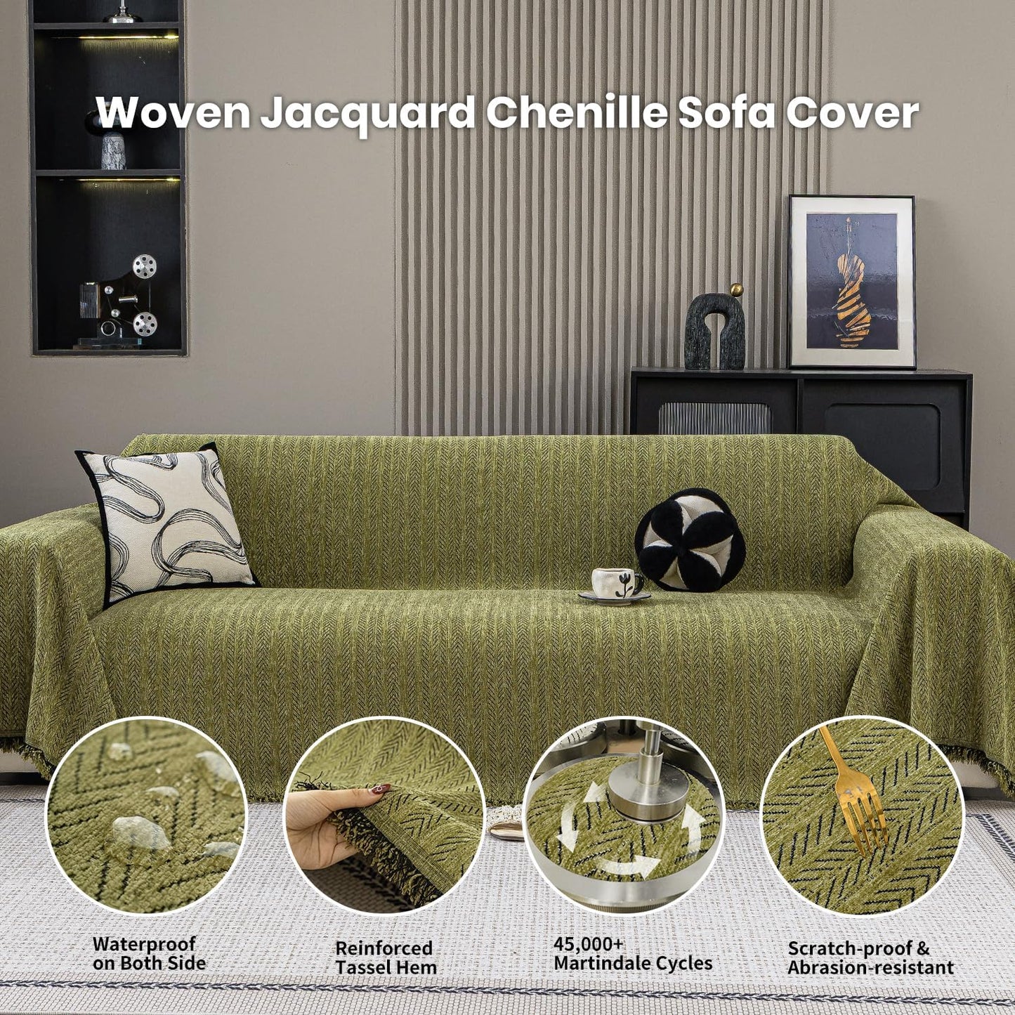 Nobildonna Sofa Chair Cover Waterproof Soft Thicken Chenille Cushion Couch Cover with Tassels,Washable Sofa Slipcovers for Armchair Recliner Sectional Furniture Protector, Green 71"x71"