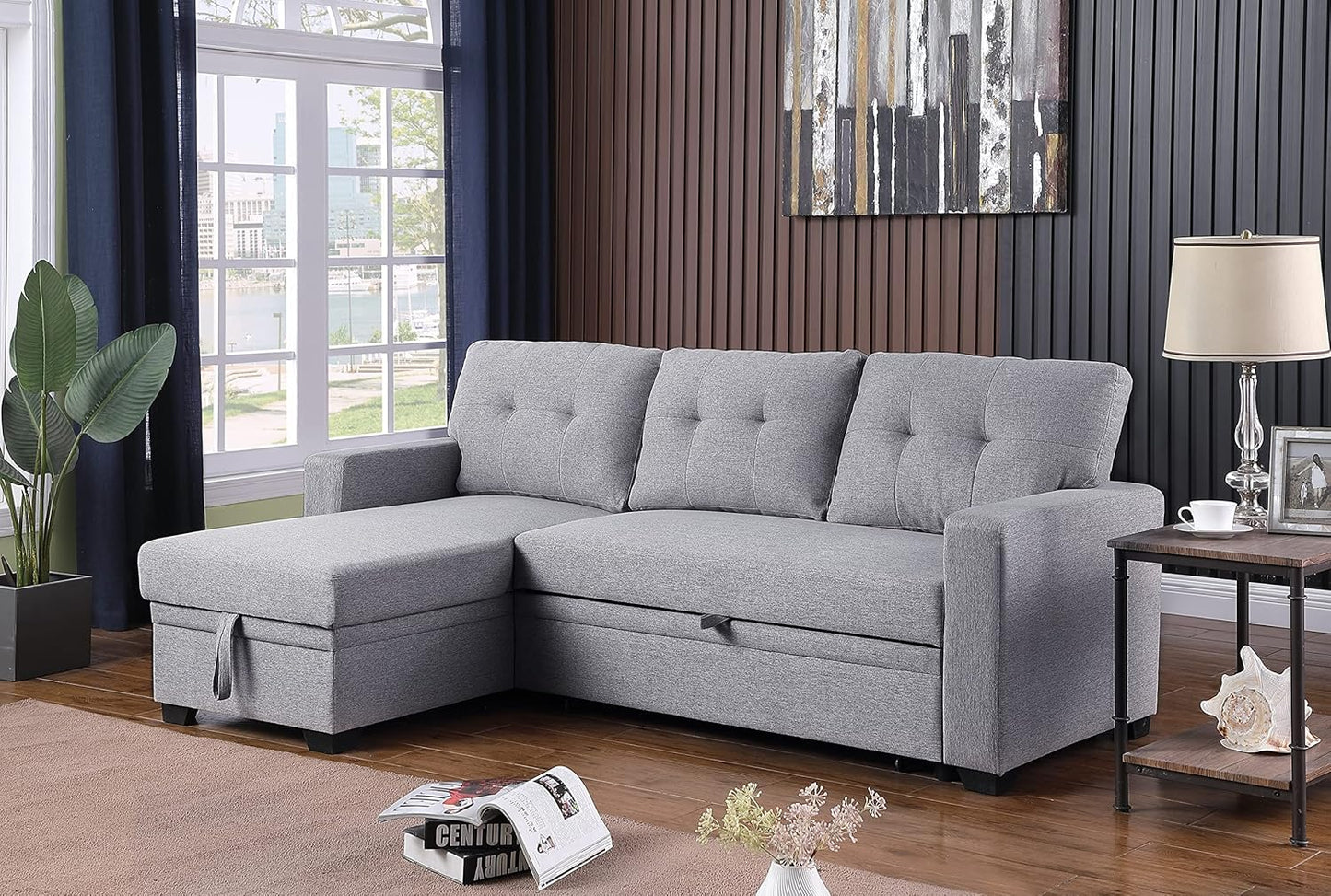 Devion Furniture Maison 4-in-1 Convertible L Shaped Couch with Pull Out Bed and Storage, Sectional Sleeper Sofa with Reversible Chaise for Living Room, Apartment, Bedroom, Office