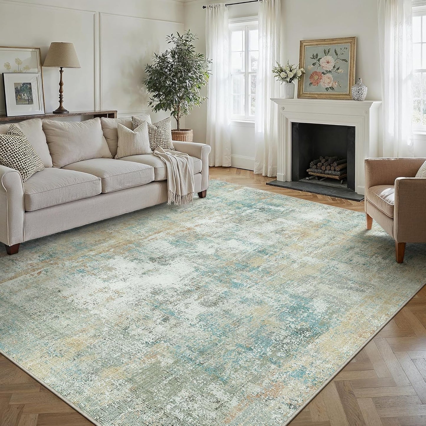 9x12 Area Rug Teal Beige Modern Neutral Abstract Living Room Bedroom Indoor Floor Carpet Low Pile Soft Non-Slip Lightweight Vacuumable Washable Large Throw Rug for Nursery Dining Room