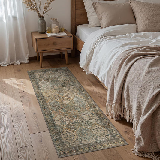 GENIMO 2x7 Runner Rugs for Hallway, Machine Washable Non Slip Vintage Rugs, Low Pile Lightweight Soft Print Rug for enrtyway, Corridor, Home Office, Kitchen, Warm Taupe