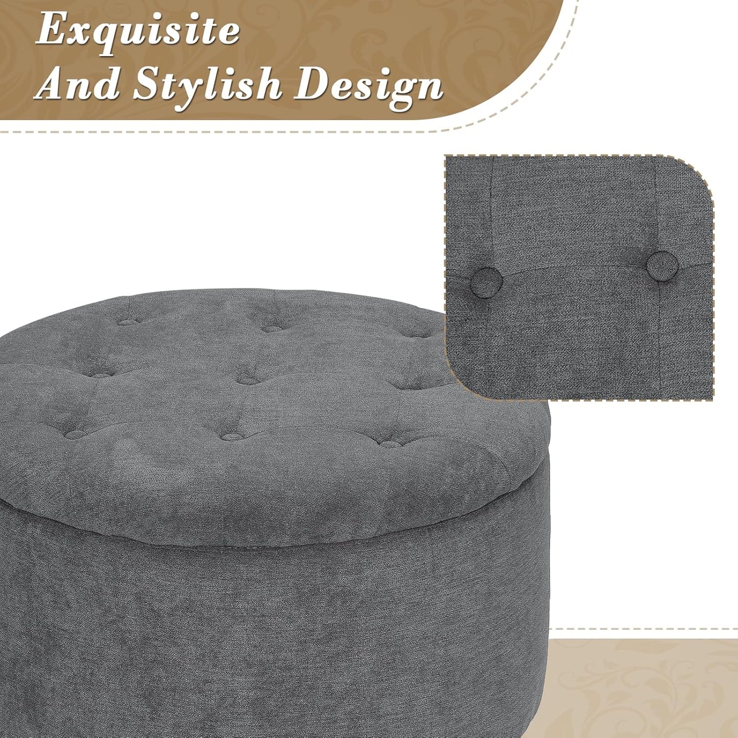 Athena Collection 24.5 Inch Small Ottoman with Storage, Round Linen Fabric Storage Ottoman Foot Rest with Removable Lid, Multipurpose Footstool Footrest for Livingroom, Bedroom, Dorm, Dark Grey