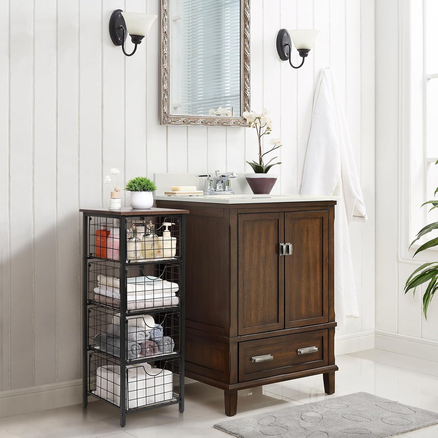 5-Tier FreeStanding Storage Shelves with 4 Pull-Out Baskets,Bathroom Organizer Shelves Unit with WoodTop,Fruit Basket for Kitchen,Storage Tower Organizer Basket Cart for Bathroom，Black