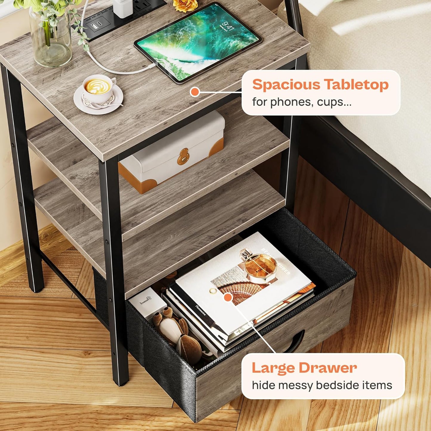 SUPERJARE Nightstand with Charging Station, Bed Side Table with Adjustable Fabric Drawer, Night Stand for Bedroom, 3-Tier Storage End Table, for Living Room, Oak