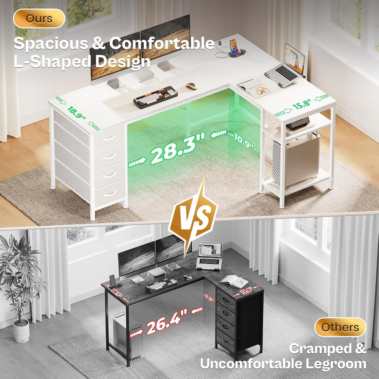 Huuger 55 Inch L Shaped Desk with Fabric Drawers, Reversible Computer Gaming Desk with Power Outlets and USB-C Port, Adjustable Side Storage Shelves, for Work Study Corner Home Office, White