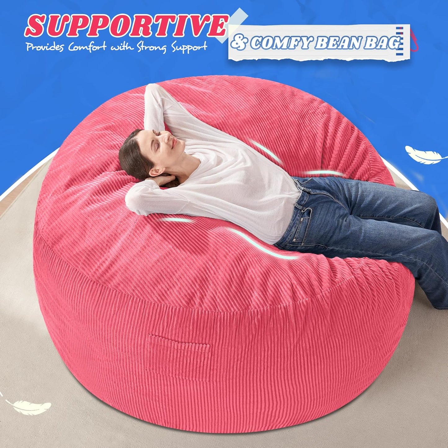HABUTWAY 4FT Bean Bag Chair,Giant Bean Bag Chairs for Adults,Big Bean Bags with Memory Foam Filled, Large Beanbag Chairs with Soft Corduroy Cover-Pink